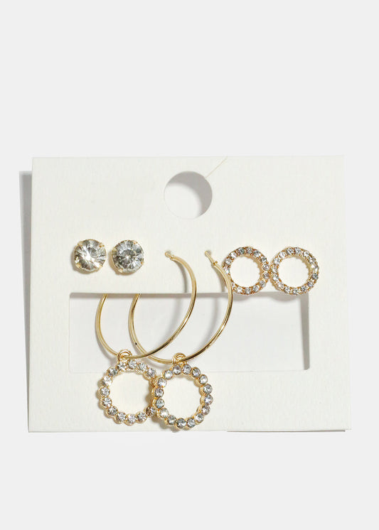 3-Pair Rhinestone Studded Hoop & Stud Earrings