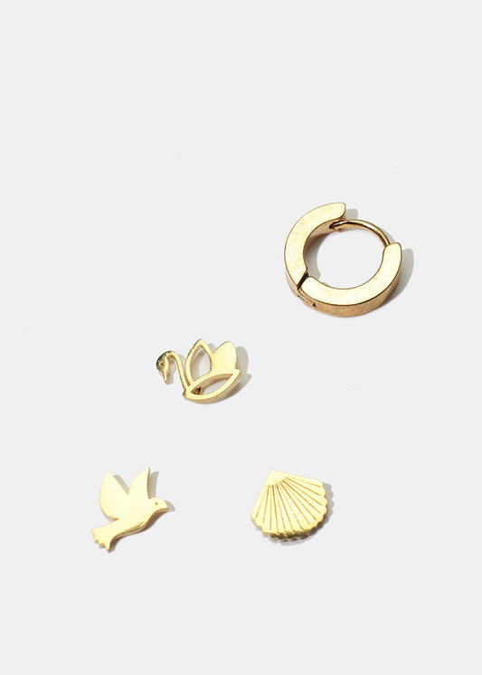 4-Piece Bird & Shell Stud Earrings