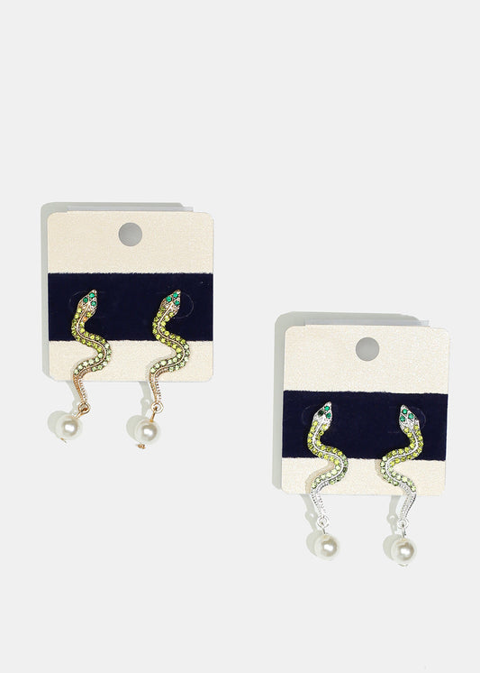 Rhinestone & Pearl Snake Earrings