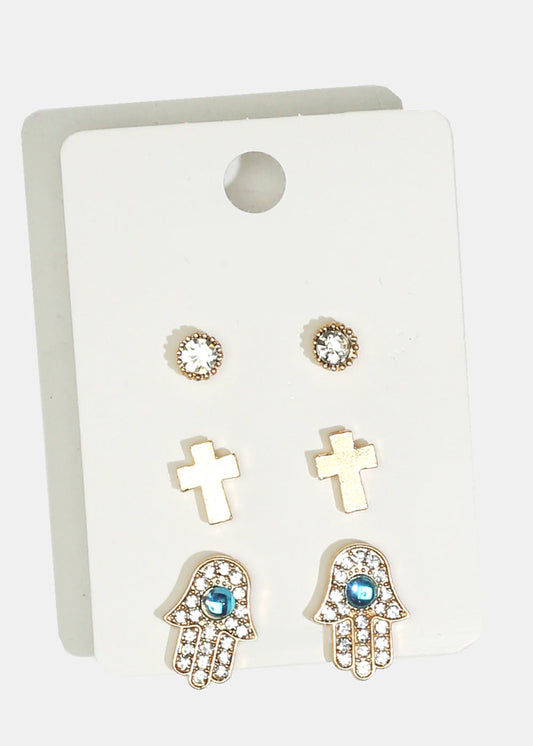 3-Pair Cross & Hamsa Hand Stud Earrings