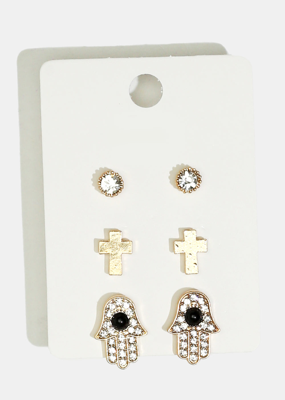 3-Pair Cross & Hamsa Hand Stud Earrings