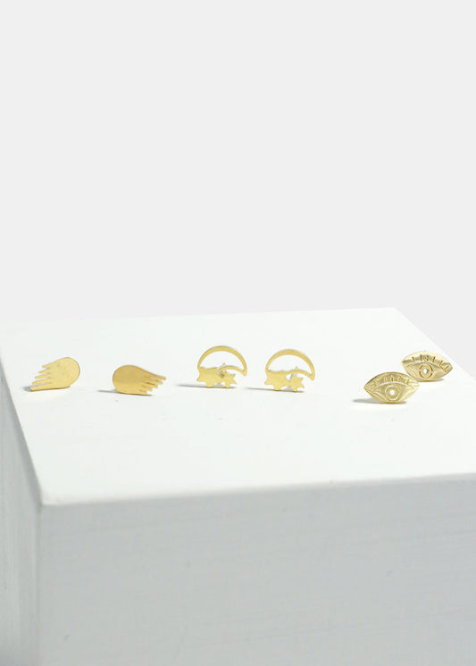 3-Pair Eye & Wings Stud Earrings