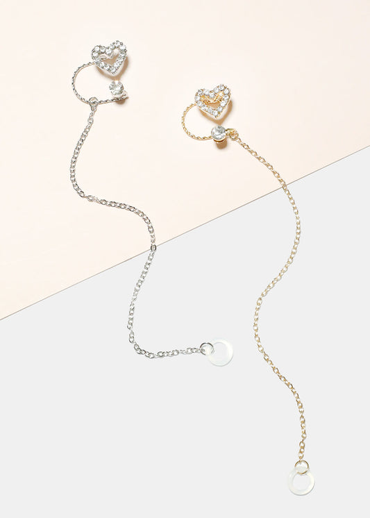 Gemstone Studded Heart Cuff Earring with Earphone Chain Holder