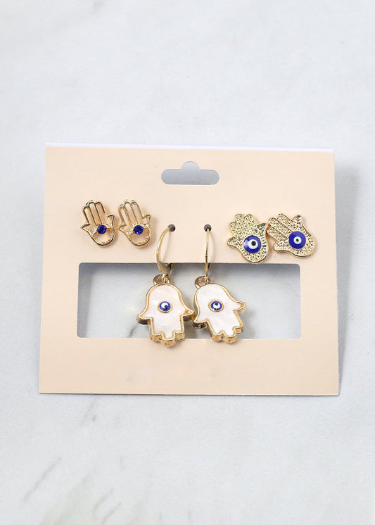 3 Pair Hamsa Hand + Evil Eye Earrings