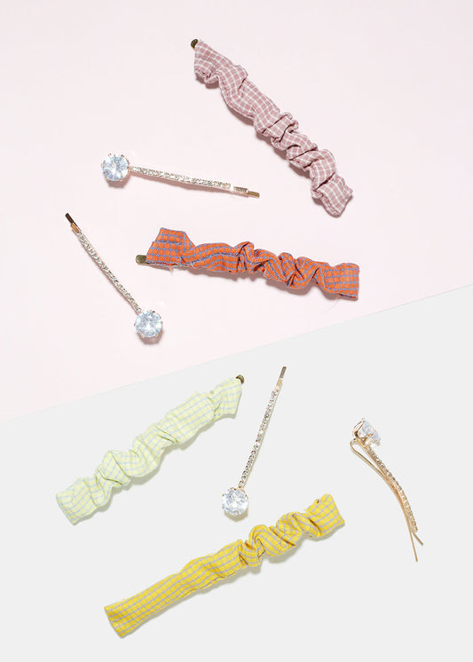2 Piece Plaid & Gemstone Hair Pins