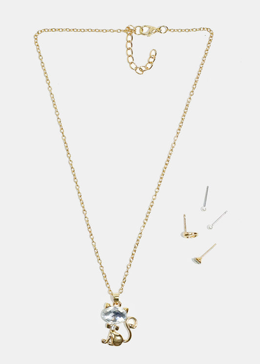 Sparkly Cat Necklace and Earring Set