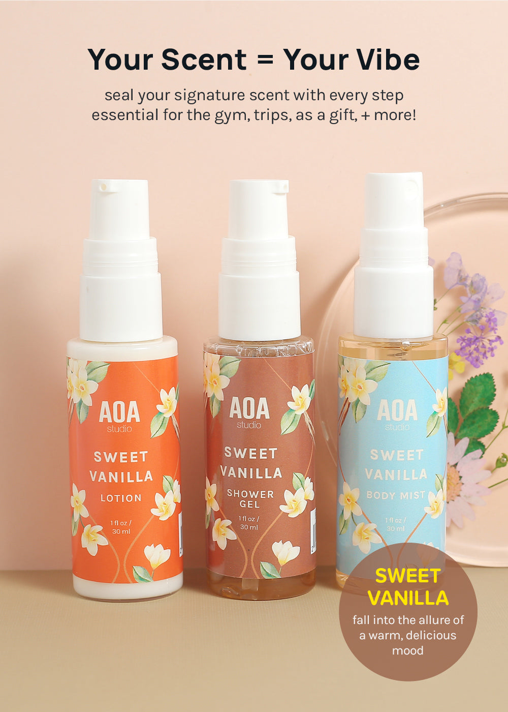 AOA Lotion, Shower Gel & Body Mist - Sweet Vanilla