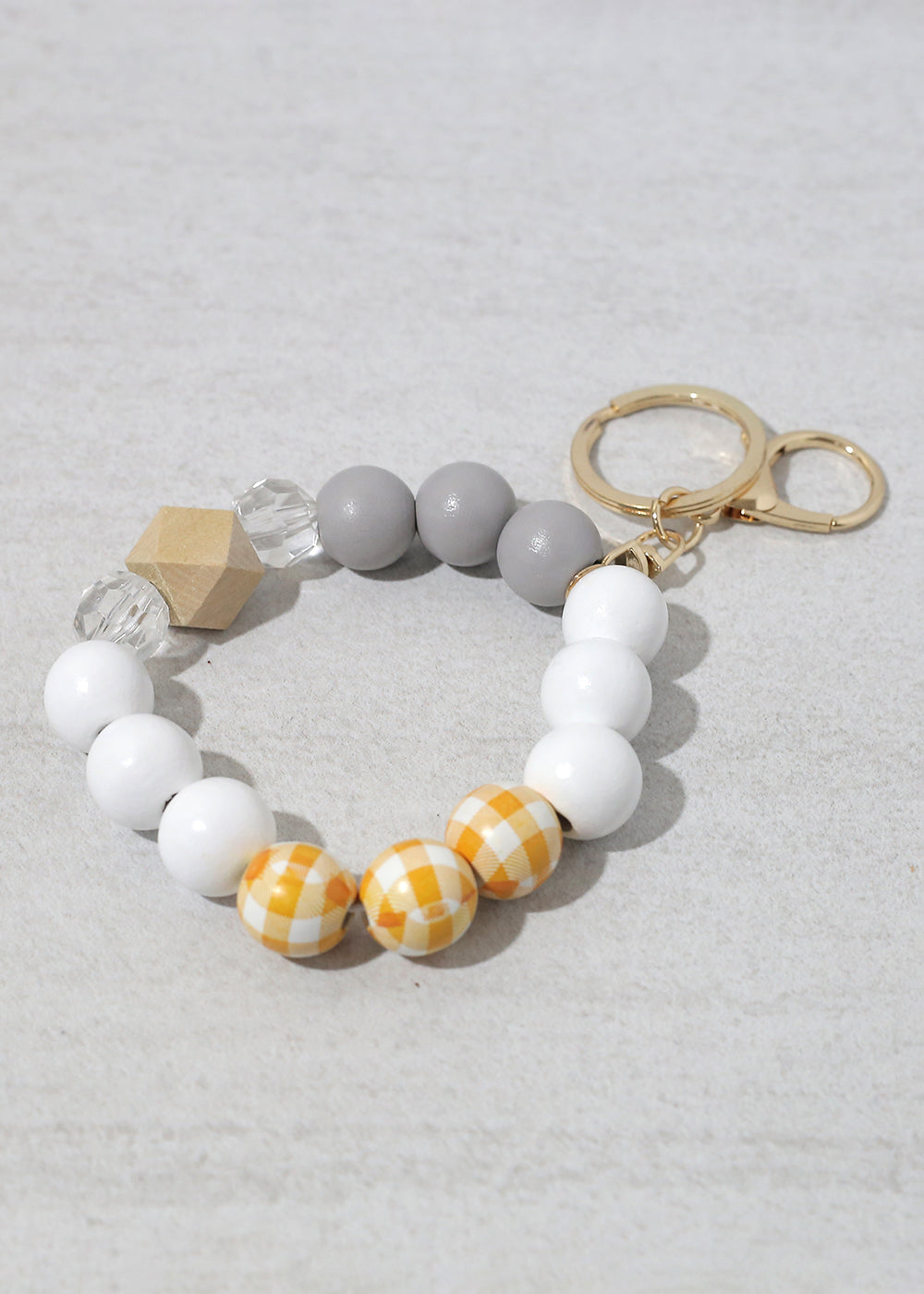 Plaid-Wood Bead Keychain Bracelet