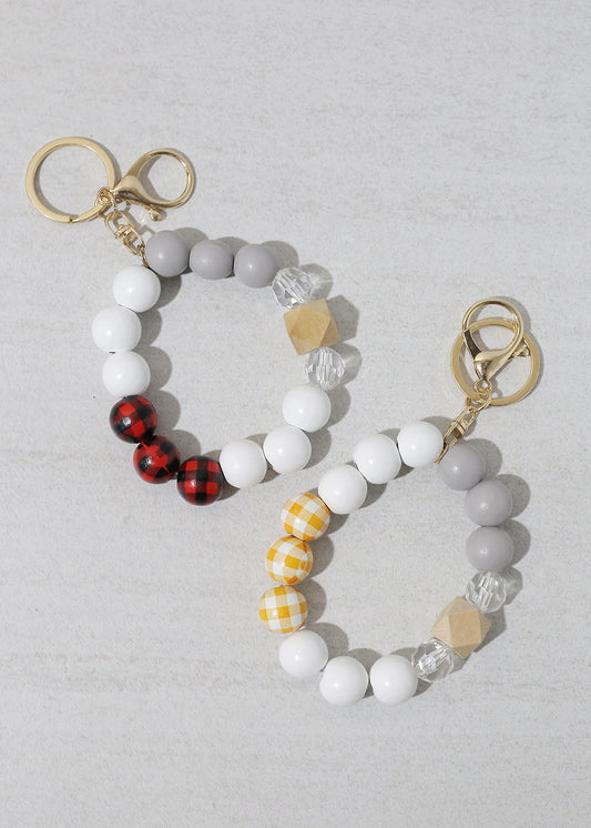 Plaid-Wood Bead Keychain Bracelet