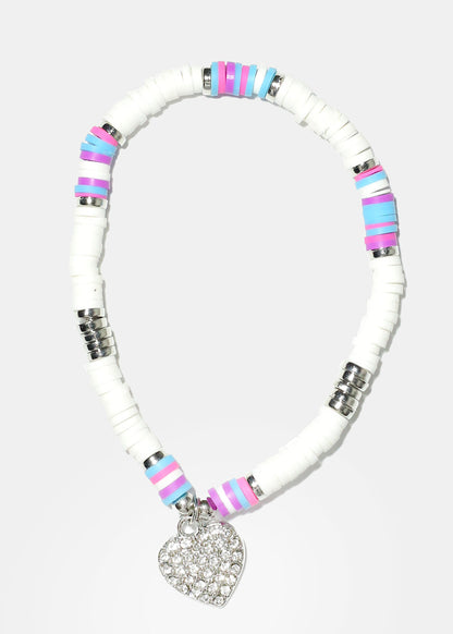 Rhinestone Heart Charm Beaded Bracelet