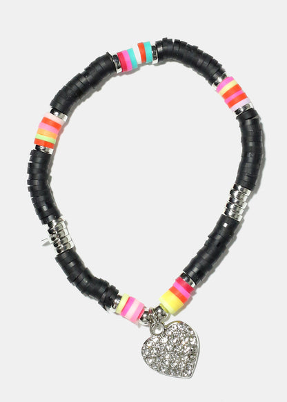 Rhinestone Heart Charm Beaded Bracelet
