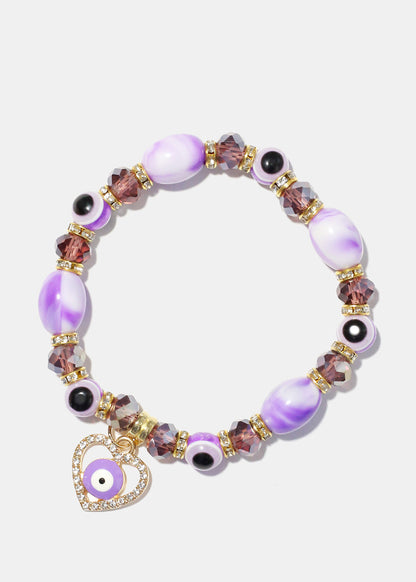 Light Color Bead Bracelet with Heart & evil Eye