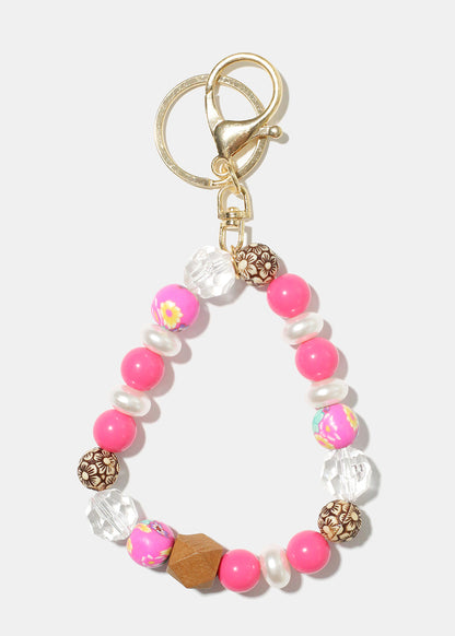 Wood and Pearl Bead Keychain Bracelet