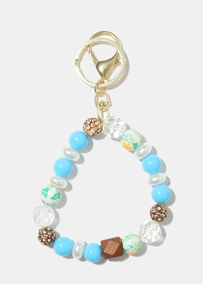 Wood and Pearl Bead Keychain Bracelet