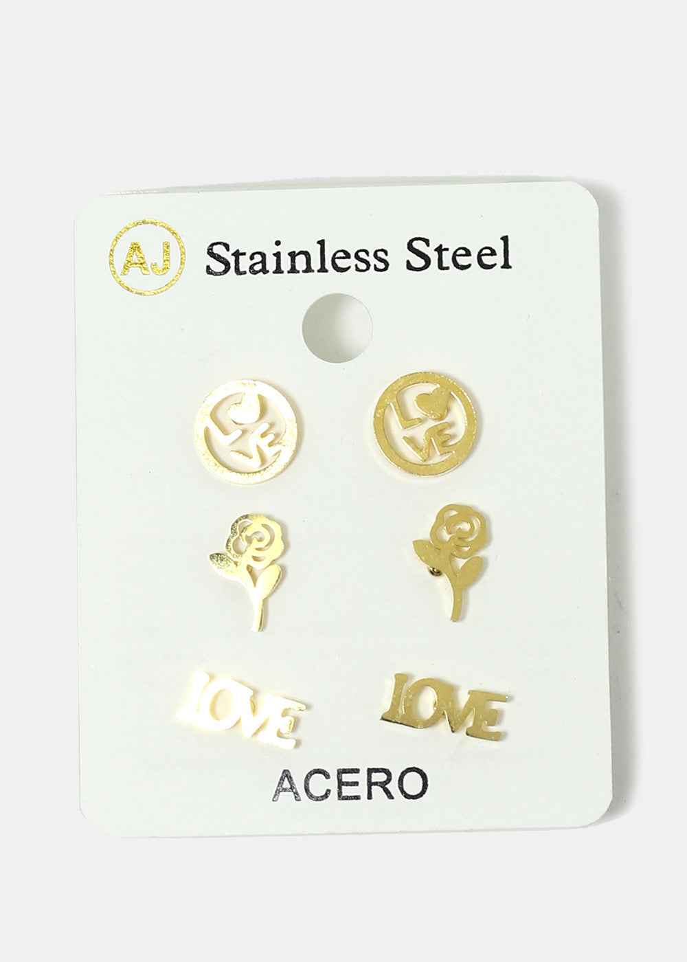 3-Pair "LOVE" & Rose Stud Earrings