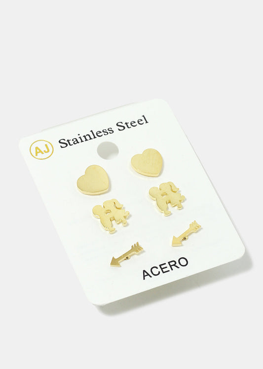 3-Pair Arrow & Heart Stud Earrings