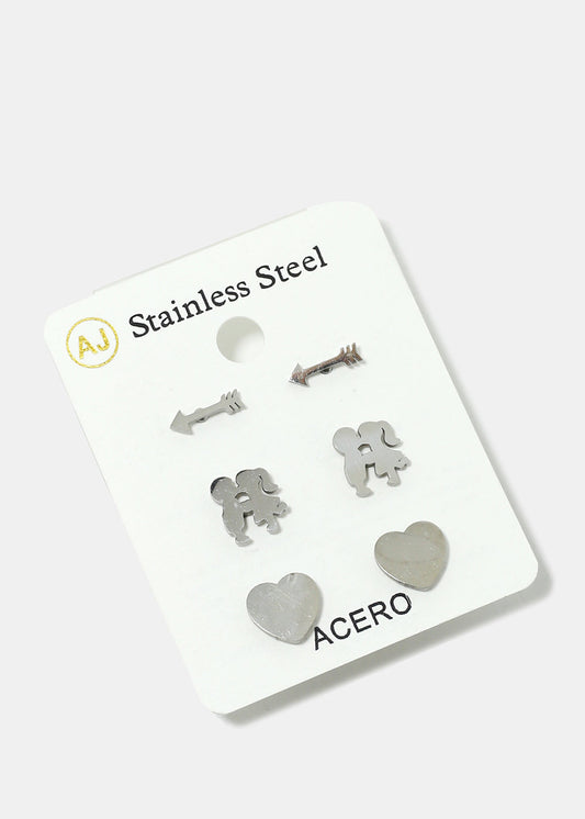 3-Pair Arrow & Heart Stud Earrings