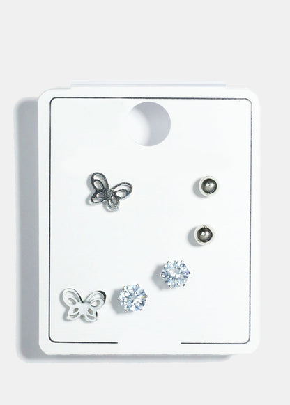 3-Pair Butterfly Stud Earrings