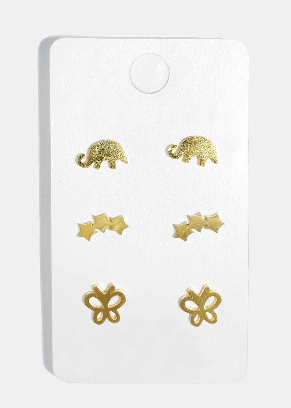 3-Pair Elephant, Star & Butterfly Stud Earrings