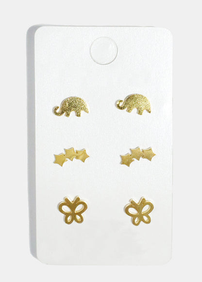 3-Pair Elephant, Star & Butterfly Stud Earrings