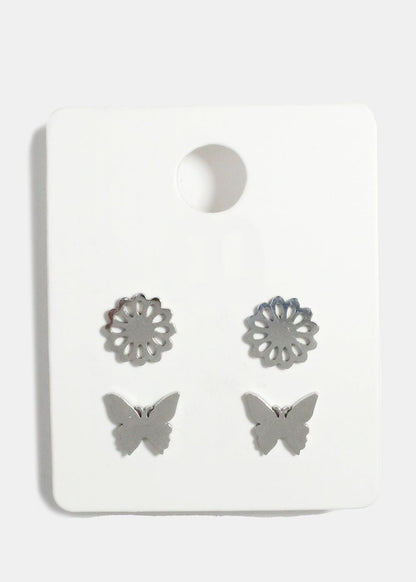 Flower and Butterfly Stud Earrings