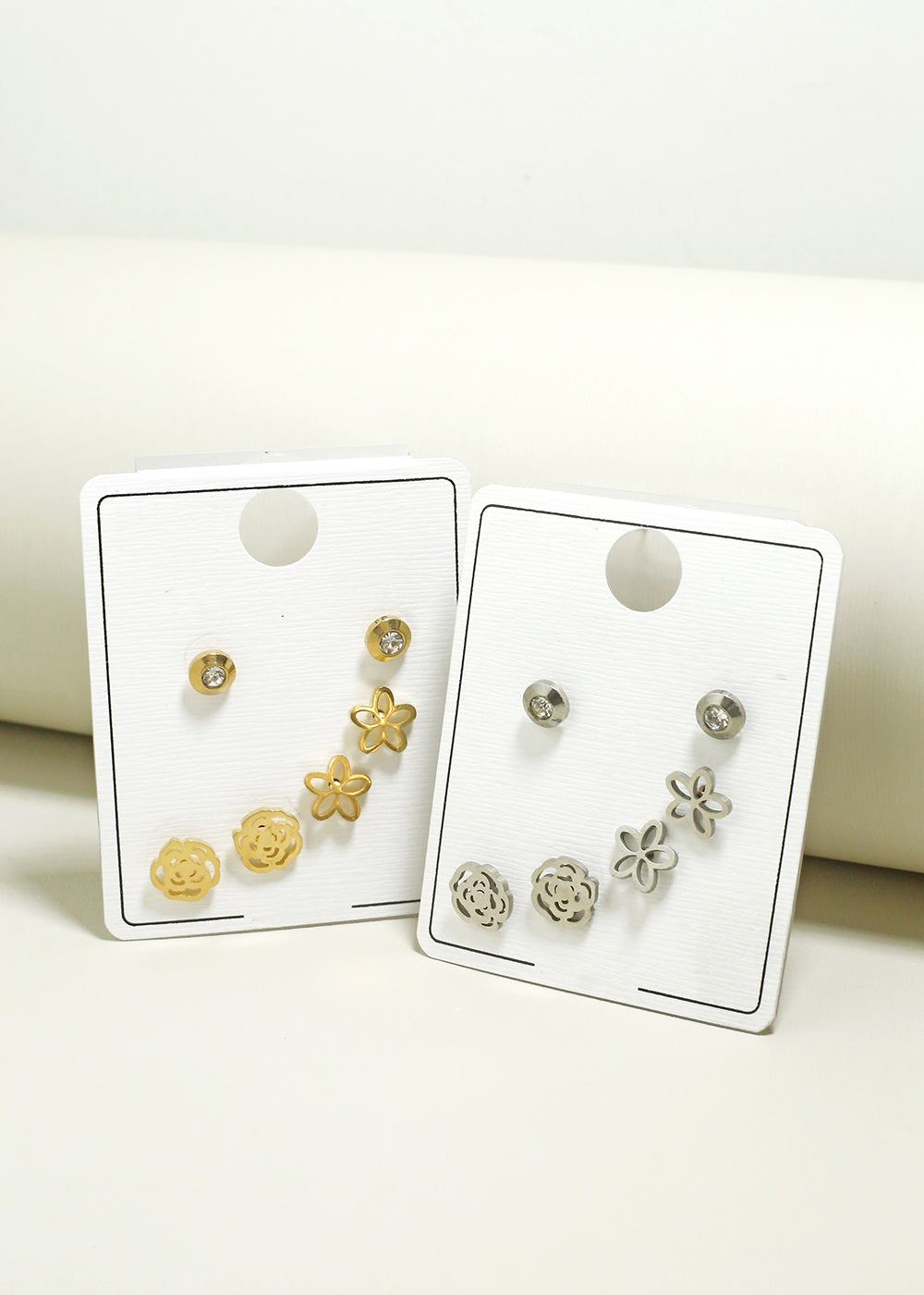 3-Pair Flower & Rose Stud Earrings