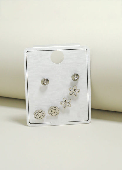 3-Pair Flower & Rose Stud Earrings