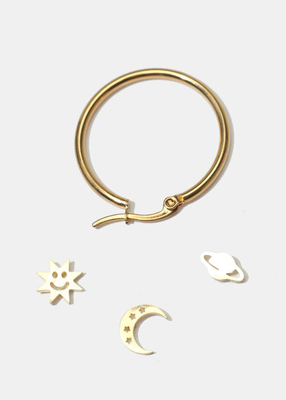4-Pair Space Design Stud Earrings & Hoop