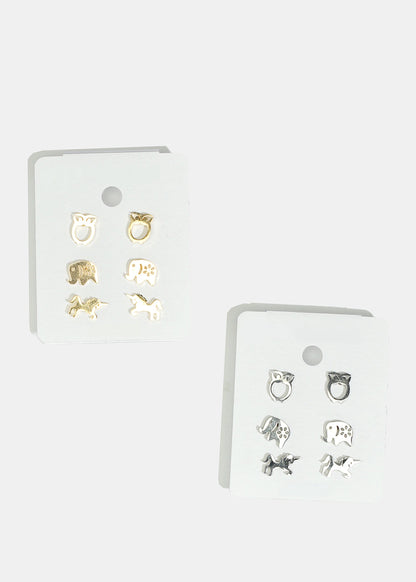 3-Pair Animal Stud Earrings