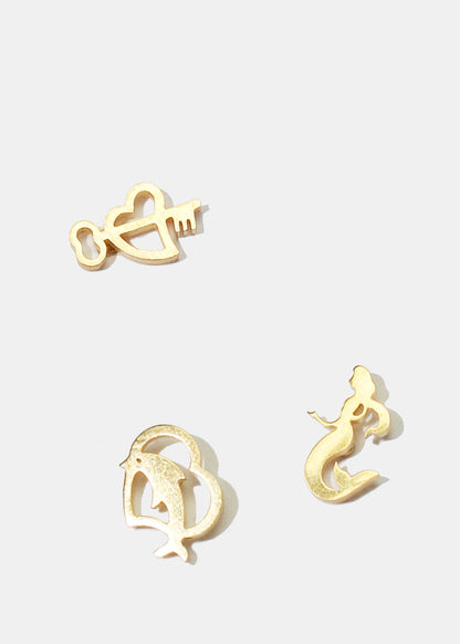 3-Pair Heart & Dolphin Stud Earrings