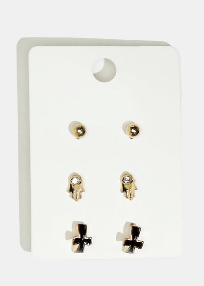 3-Pair Hamsa Hand & Cross Earrings