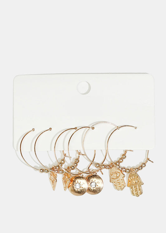 3-Pair Multi-Charm Hoop Earrings