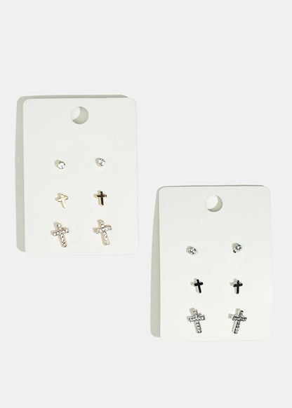 3-Pair Rhinestone Cross Stud Earrings