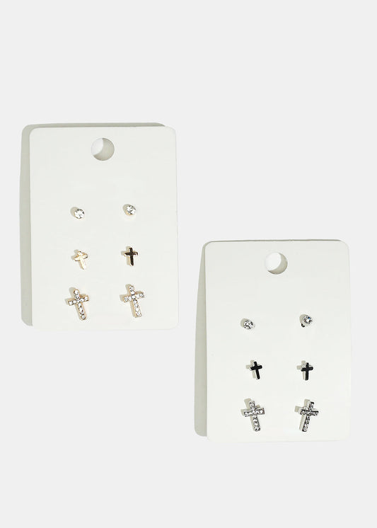 3-Pair Rhinestone Cross Stud Earrings