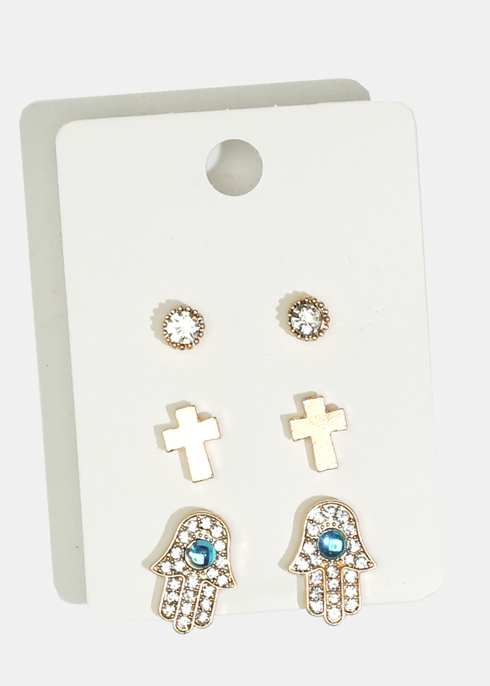 3-Pair Cross & Hamsa Hand Stud Earrings