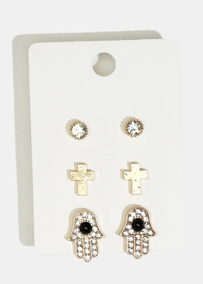 3-Pair Cross & Hamsa Hand Stud Earrings
