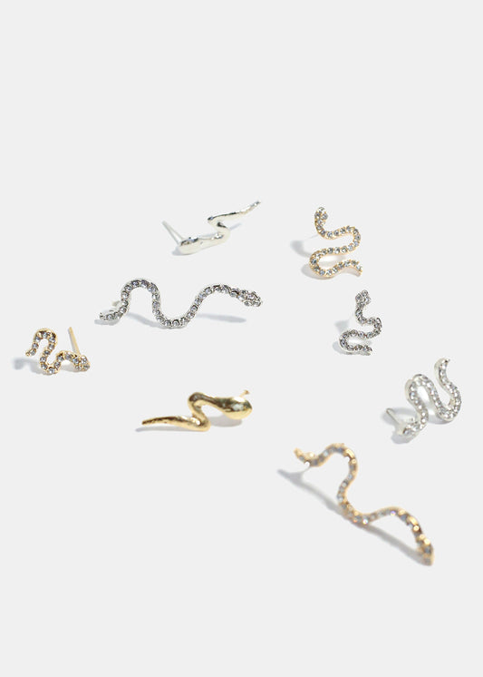 4-Piece Rhinestone-Studded Snake Earrings