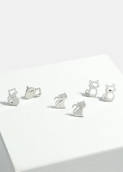 3-Pair Cats Stud Earrings