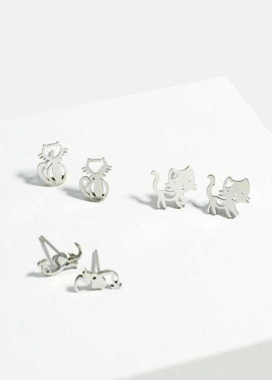 3-Pair Cute Cats Stud Earrings