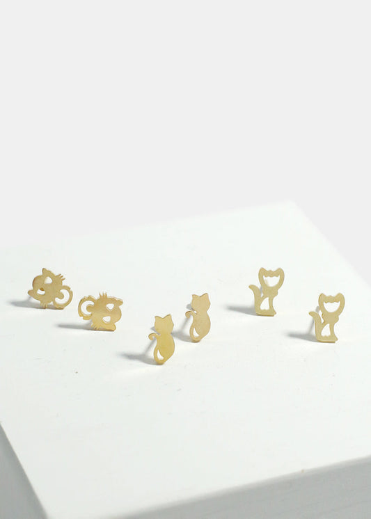 3-Pair Cats Stud Earrings Set