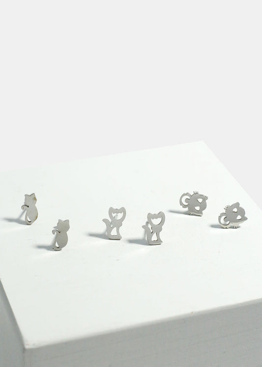3-Pair Cats Stud Earrings Set
