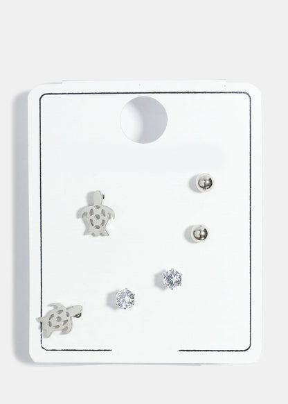 3-Pair Turtle & Gemstone Earrings Set