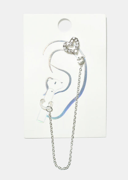 Gemstone Studded Heart Cuff Earring with Earphone Chain Holder