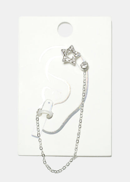 Gemstone Studded Heart Cuff Earring with Earphone Chain Holder