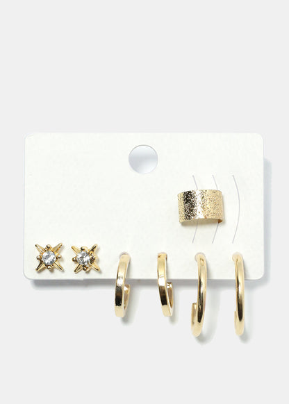 3 Pair Stud, Hoop & Cuff Earrings