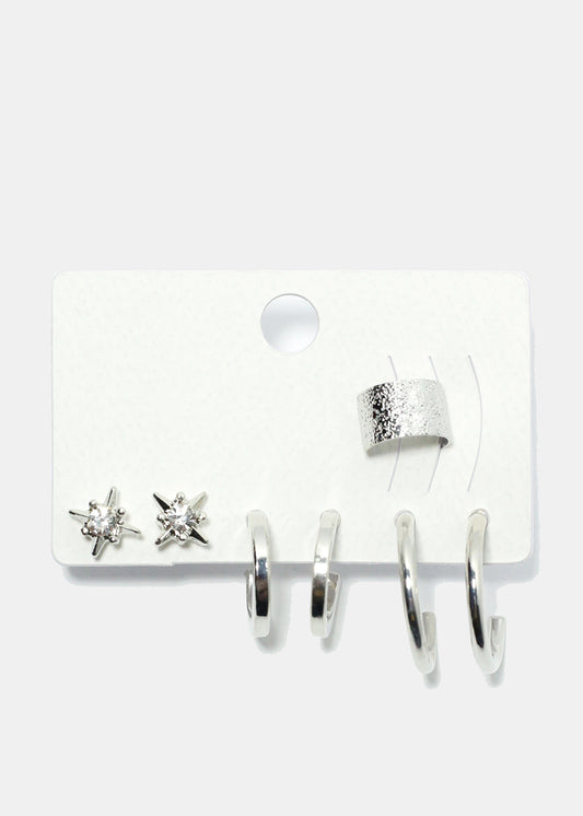 3 Pair Stud, Hoop & Cuff Earrings