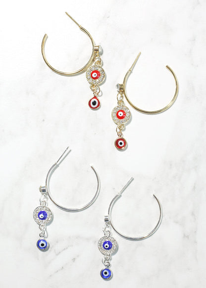 Evil Eye Dangle Charm Hoop Earrings