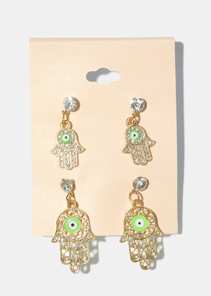 2 Pair Dangle Hamsa Hand Earrings