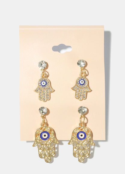 2 Pair Dangle Hamsa Hand Earrings