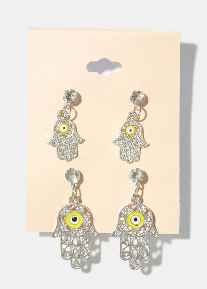 2 Pair Dangle Hamsa Hand Earrings
